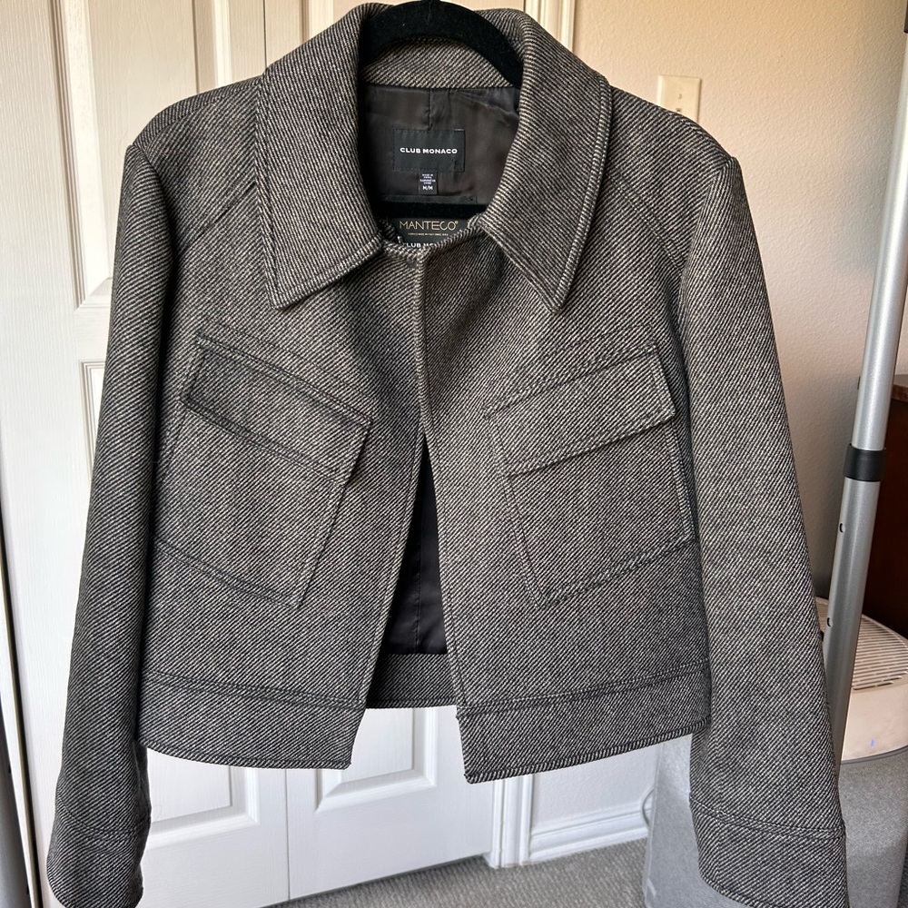 Club Monaco Gray Herringbone Cropped Wool-Blend Jacket